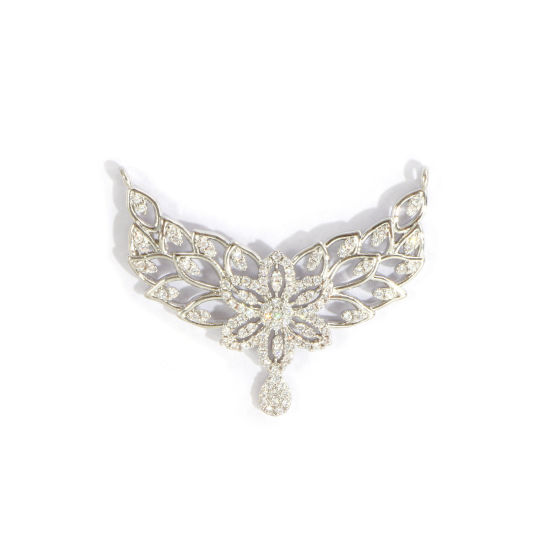 Image de 1 Pièce Connecteurs Pendentifs Breloques En Gros Respectueux de la Nature en Laiton Plaqué Platine Véritable Feuilles de Fleur Creux à Zircone Cubique Clair 3.9cm x 3.2cm