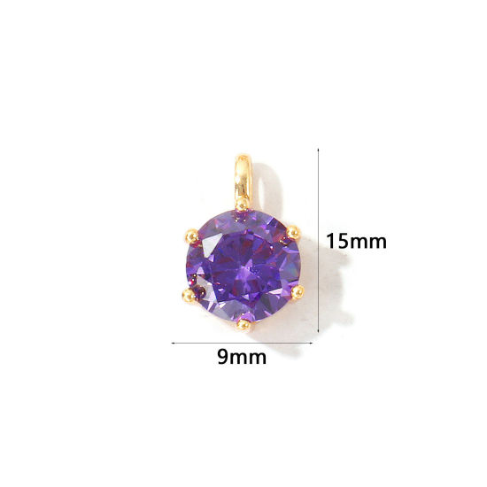 Immagine di 2 Pz Ecologico Ottone Pietre Nascita Ciondoli All'Ingrosso 18K Vero Oro Placcato Tondo Febbraio Viola Cubic Zirconiae 15mm x 9mm