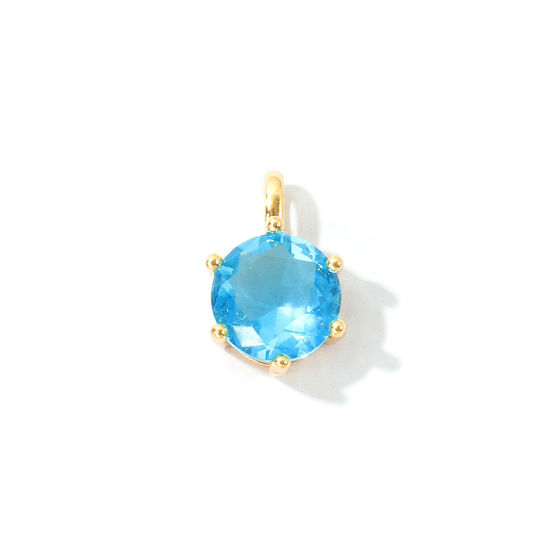 Immagine di 2 Pz Ecologico Ottone Pietre Nascita Ciondoli All'Ingrosso 18K Vero Oro Placcato Tondo Marzo Acqua Blu Cubic Zirconiae 15mm x 9mm