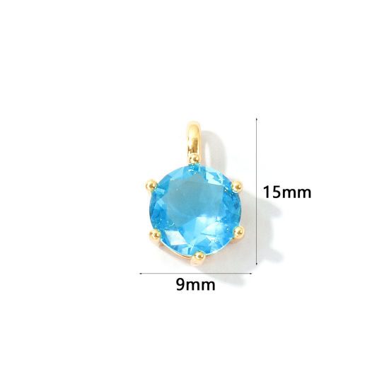 Immagine di 2 Pz Ecologico Ottone Pietre Nascita Ciondoli All'Ingrosso 18K Vero Oro Placcato Tondo Marzo Acqua Blu Cubic Zirconiae 15mm x 9mm