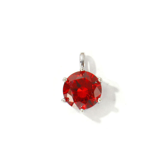 Picture of 2 PCs Eco-friendly Brass Birthstone Charms Wholesale Real Platinum Plated Round January Wine Red Cubic Zirconia 15mm x 9mm