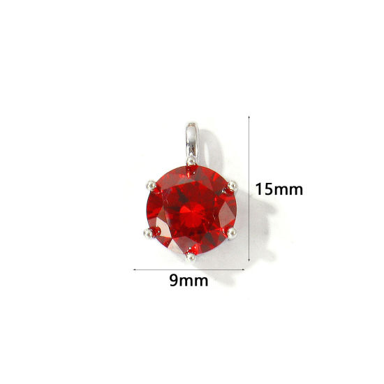 Picture of 2 PCs Eco-friendly Brass Birthstone Charms Wholesale Real Platinum Plated Round January Wine Red Cubic Zirconia 15mm x 9mm