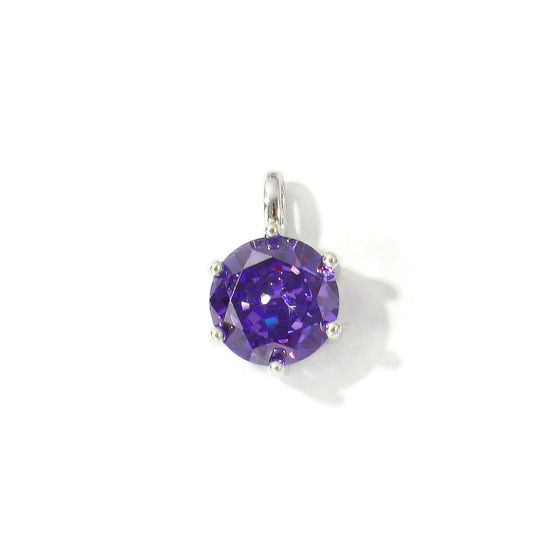 Picture of 2 PCs Eco-friendly Brass Birthstone Charms Wholesale Real Platinum Plated Round February Purple Cubic Zirconia 15mm x 9mm