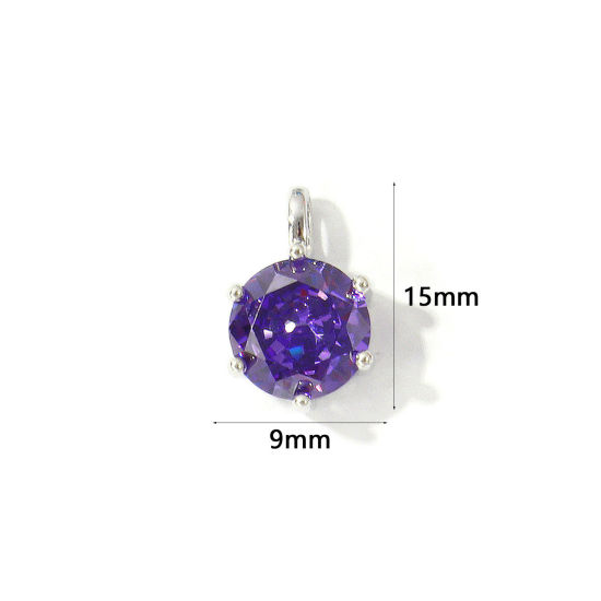 Picture of 2 PCs Eco-friendly Brass Birthstone Charms Wholesale Real Platinum Plated Round February Purple Cubic Zirconia 15mm x 9mm