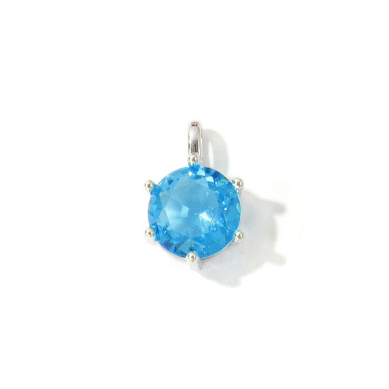 Picture of 2 PCs Eco-friendly Brass Birthstone Charms Wholesale Real Platinum Plated Round March Aqua Blue Cubic Zirconia 15mm x 9mm