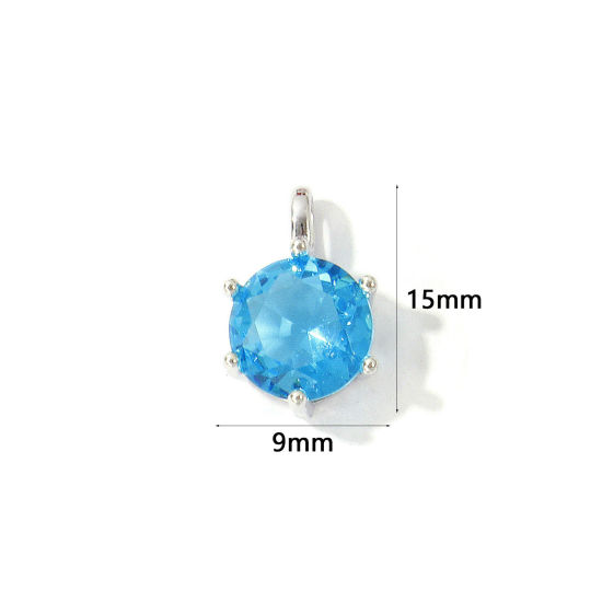 Picture of 2 PCs Eco-friendly Brass Birthstone Charms Wholesale Real Platinum Plated Round March Aqua Blue Cubic Zirconia 15mm x 9mm