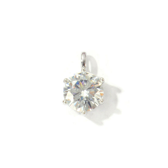 Picture of 2 PCs Eco-friendly Brass Birthstone Charms Wholesale Real Platinum Plated Round April Clear Cubic Zirconia 15mm x 9mm