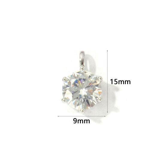 Picture of 2 PCs Eco-friendly Brass Birthstone Charms Wholesale Real Platinum Plated Round April Clear Cubic Zirconia 15mm x 9mm