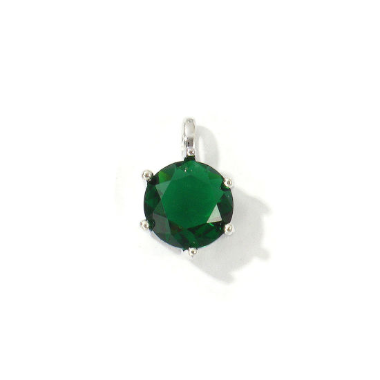 Picture of 2 PCs Eco-friendly Brass Birthstone Charms Wholesale Real Platinum Plated Round May Emerald Cubic Zirconia 15mm x 9mm