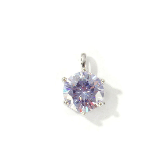 Picture of 2 PCs Eco-friendly Brass Birthstone Charms Wholesale Real Platinum Plated Round June Mauve Cubic Zirconia 15mm x 9mm