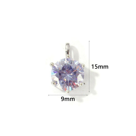 Picture of 2 PCs Eco-friendly Brass Birthstone Charms Wholesale Real Platinum Plated Round June Mauve Cubic Zirconia 15mm x 9mm