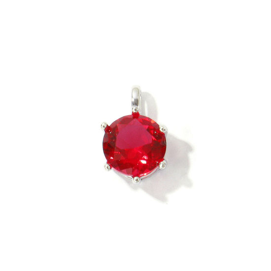 Picture of 2 PCs Eco-friendly Brass Birthstone Charms Wholesale Real Platinum Plated Round July Fuchsia Cubic Zirconia 15mm x 9mm