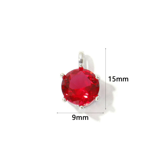 Picture of 2 PCs Eco-friendly Brass Birthstone Charms Wholesale Real Platinum Plated Round July Fuchsia Cubic Zirconia 15mm x 9mm