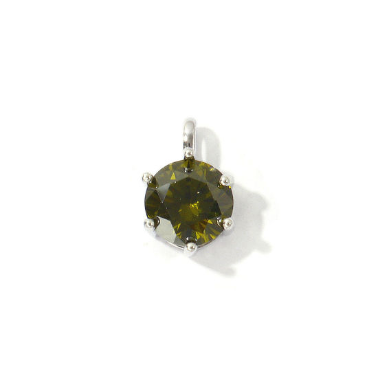 Picture of 2 PCs Eco-friendly Brass Birthstone Charms Wholesale Real Platinum Plated Round August Olive Green Cubic Zirconia 15mm x 9mm