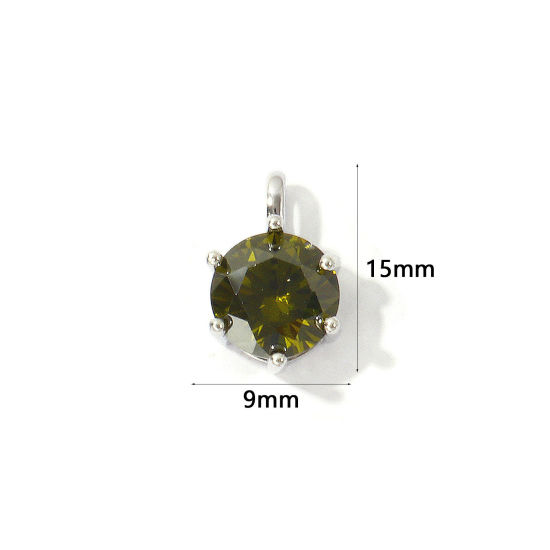 Picture of 2 PCs Eco-friendly Brass Birthstone Charms Wholesale Real Platinum Plated Round August Olive Green Cubic Zirconia 15mm x 9mm