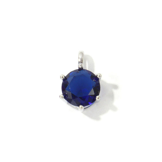 Picture of 2 PCs Eco-friendly Brass Birthstone Charms Wholesale Real Platinum Plated Round September Royal Blue Cubic Zirconia 15mm x 9mm