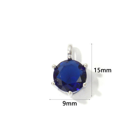 Picture of 2 PCs Eco-friendly Brass Birthstone Charms Wholesale Real Platinum Plated Round September Royal Blue Cubic Zirconia 15mm x 9mm