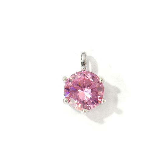 Picture of 2 PCs Eco-friendly Brass Birthstone Charms Wholesale Real Platinum Plated Round October Pink Cubic Zirconia 15mm x 9mm