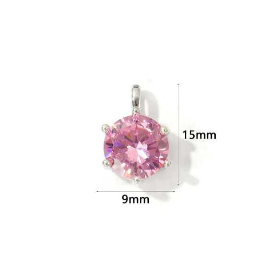 Picture of 2 PCs Eco-friendly Brass Birthstone Charms Wholesale Real Platinum Plated Round October Pink Cubic Zirconia 15mm x 9mm