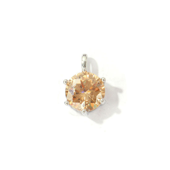 Picture of 2 PCs Eco-friendly Brass Birthstone Charms Wholesale Real Platinum Plated Round November Champagne Cubic Zirconia 15mm x 9mm