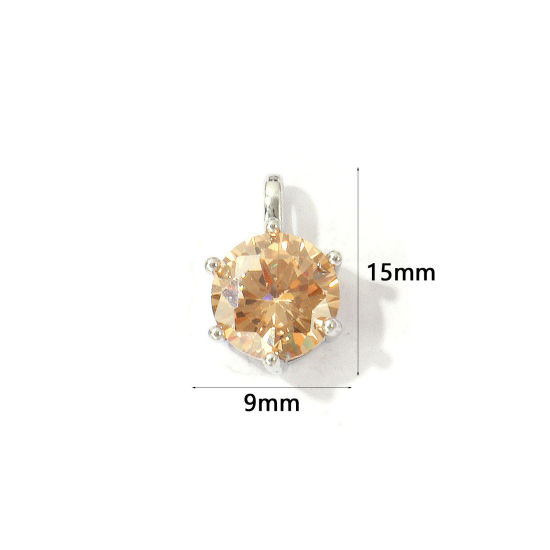 Picture of 2 PCs Eco-friendly Brass Birthstone Charms Wholesale Real Platinum Plated Round November Champagne Cubic Zirconia 15mm x 9mm