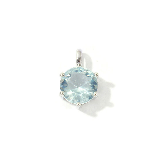 Picture of 2 PCs Eco-friendly Brass Birthstone Charms Wholesale Real Platinum Plated Round December Light Blue Cubic Zirconia 15mm x 9mm