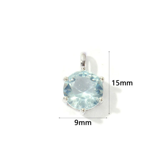 Picture of 2 PCs Eco-friendly Brass Birthstone Charms Wholesale Real Platinum Plated Round December Light Blue Cubic Zirconia 15mm x 9mm