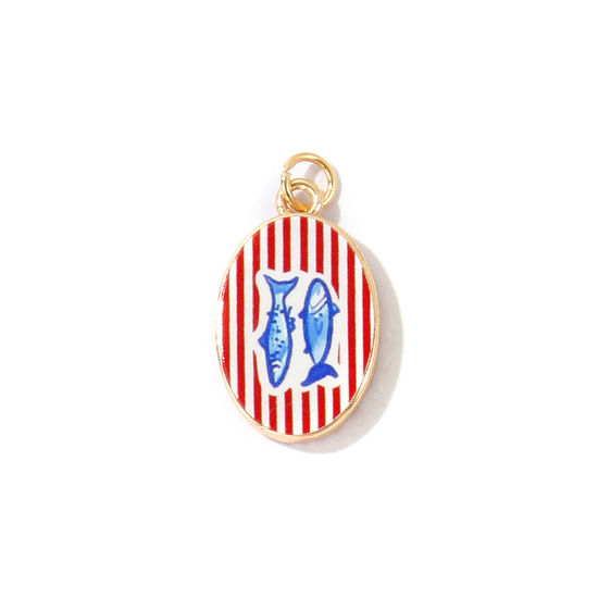 Bild von 1 Stück Messing Ozean Schmuck Charms Großhandel 18K Vergoldet Dunkelblau Oval Fisch Gedruckt 27mm x 14mm