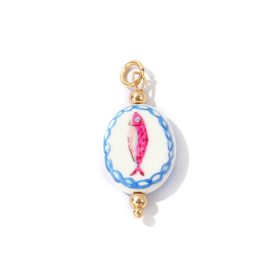 Bild von 1 Stück Keramik und Messing Ozean Schmuck Anhänger Großhandel 18K Vergoldet Fuchsie Oval Fisch Gedruckt 3.6cm x 1.6cm