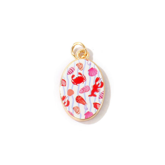 Bild von 1 Stück Messing Ozean Schmuck Charms Großhandel 18K Vergoldet Rosa Oval Krabbe Gedruckt 27mm x 14mm