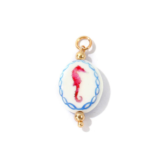 Bild von 1 Stück Keramik und Messing Ozean Schmuck Anhänger Großhandel 18K Vergoldet Fuchsie Oval Seepferdchen Gedruckt 3.6cm x 1.6cm
