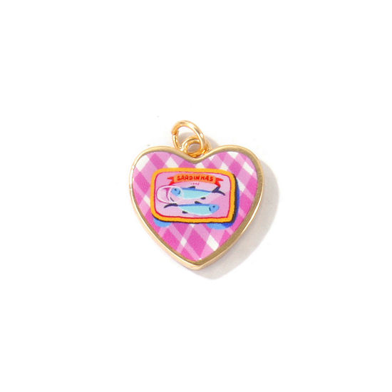 Bild von 1 Stück Messing Ozean Schmuck Charms Großhandel 18K Vergoldet Bunt Herz Fisch Gedruckt 20mm x 17mm