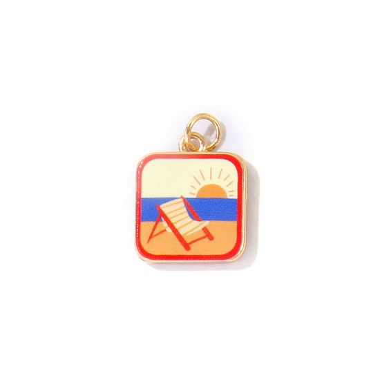 Bild von 1 Stück Messing Charms Großhandel 18K Vergoldet Bunt Quadrat Stuhl Gedruckt 21mm x 15mm