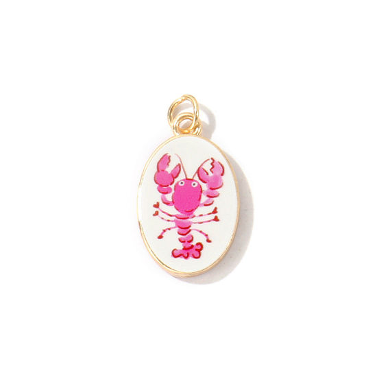 Bild von 1 Stück Messing Ozean Schmuck Charms Großhandel 18K Vergoldet Fuchsie Oval Languste Gedruckt 27mm x 14mm