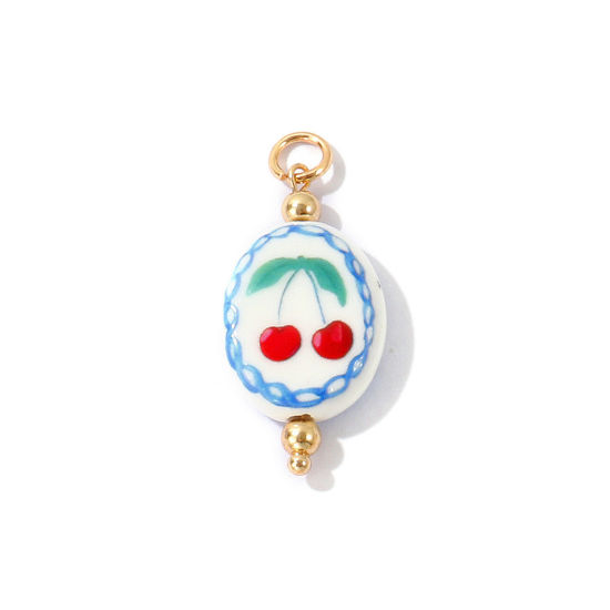 Bild von 1 Stück Keramik und Messing Anhänger Großhandel 18K Vergoldet Rot Oval Kirsche Gedruckt 3.6cm x 1.6cm