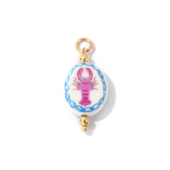 Bild von 1 Stück Keramik und Messing Ozean Schmuck Anhänger Großhandel 18K Vergoldet Helllila Oval Languste Gedruckt 3.6cm x 1.6cm