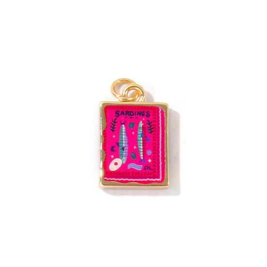 Bild von 1 Stück Messing Ozean Schmuck Charms Großhandel 18K Vergoldet Fuchsie Rechteck Fisch Gedruckt 21mm x 12mm