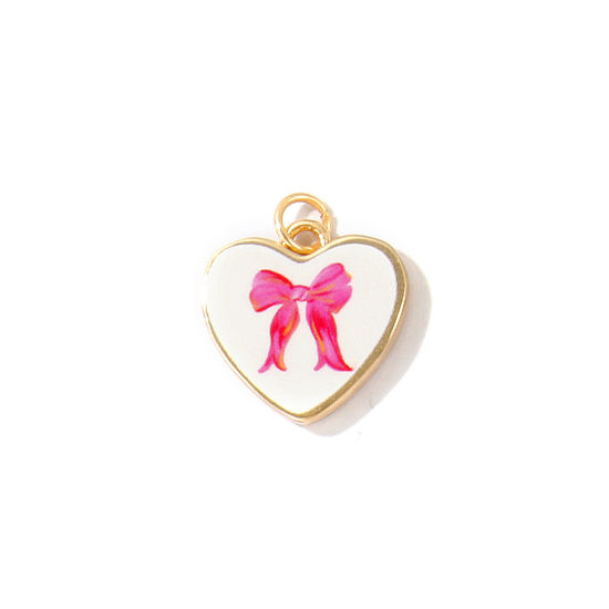 Bild von 1 Stück Messing Kleidung Charms Großhandel 18K Vergoldet Fuchsie Herz Schleife Gedruckt 20mm x 17mm
