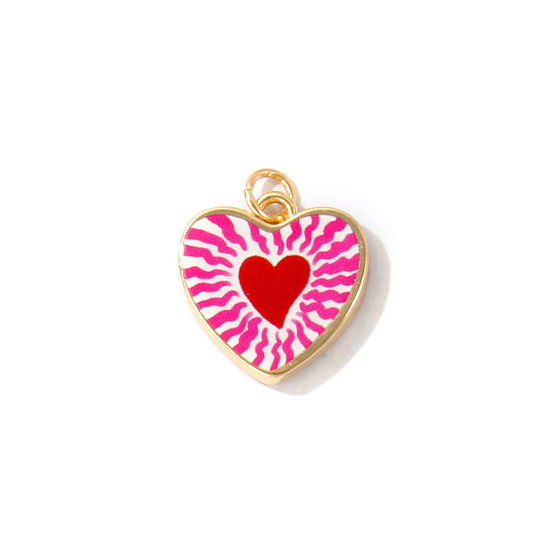 Bild von 1 Stück Messing Valentinstag Charms Großhandel 18K Vergoldet Fuchsie Herz Gedruckt 20mm x 17mm