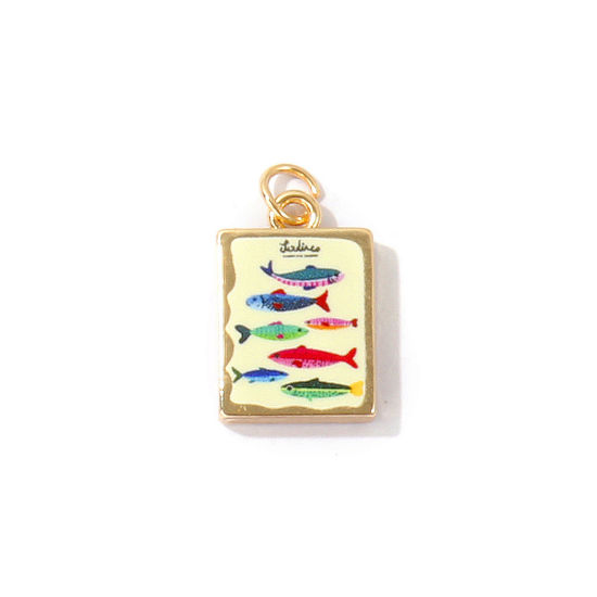 Bild von 1 Stück Messing Ozean Schmuck Charms Großhandel 18K Vergoldet Bunt Rechteck Fisch Gedruckt 21mm x 12mm
