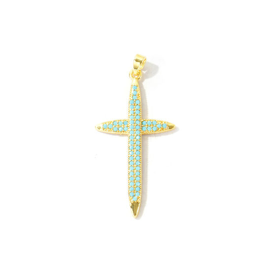 Bild von 2 Stück Messing Religiös Anhänger Großhandel 18K Vergoldet Kreuz Micro Pave Blau Kubischer Zirkon 4.4cm x 2.1cm