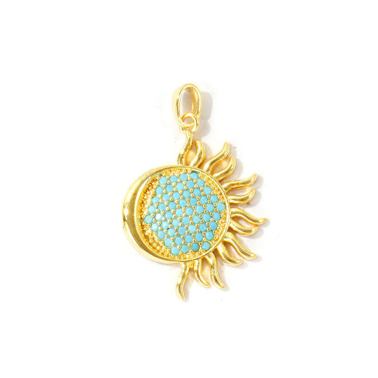 Bild von 2 Stück Messing Galaxis Anhänger Großhandel 18K Vergoldet Sonne Micro Pave Blau Kubischer Zirkon 3.1cm x 2cm