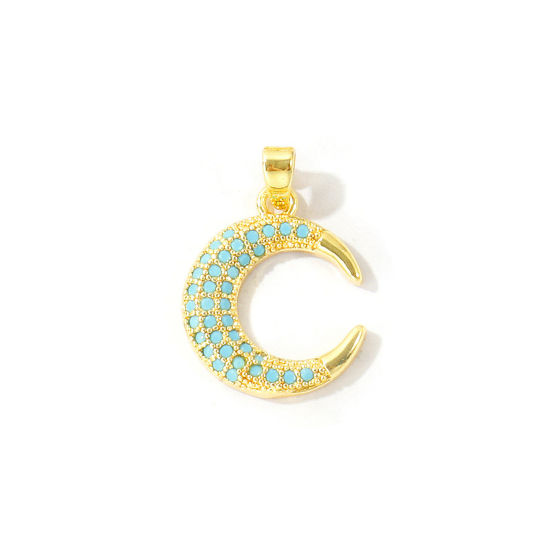 Bild von 2 Stück Messing Galaxis Charm-Anhänger Großhandel 18K Vergoldet Halbmond Micro Pave Blau Kubischer Zirkon 22mm x 14mm