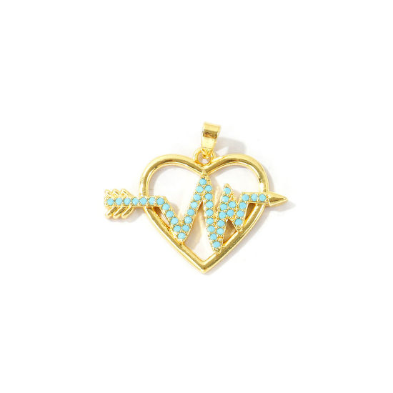 Bild von 2 Stück Messing Valentinstag Charm-Anhänger Großhandel 18K Vergoldet Amors Pfeil Micro Pave Blau Kubischer Zirkon 26mm x 23mm