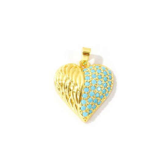 Bild von 2 Stück Messing Valentinstag Charm-Anhänger Großhandel 18K Vergoldet Herz Micro Pave Blau Kubischer Zirkon 23mm x 17mm