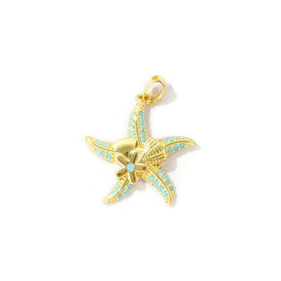 Bild von 2 Stück Messing Ozean Schmuck Charm-Anhänger Großhandel 18K Vergoldet Seesterne Micro Pave Blau Kubischer Zirkon 27mm x 22mm