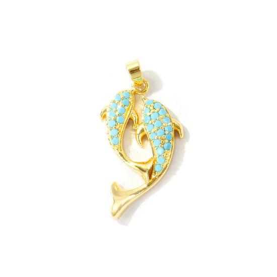 Bild von 2 Stück Messing Ozean Schmuck Anhänger Großhandel 18K Vergoldet Fisch Micro Pave Blau Kubischer Zirkon 3.1cm x 1.6cm