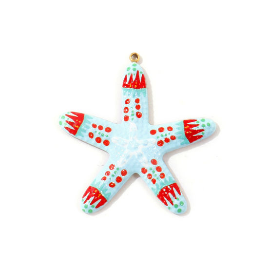 Immagine di 2 Pz PVD Ecologica Impermeabile Anti-Ossidante Ipoallergenico 304 Acciaio Inossidabile Gioielli Oceanici Ciondoli Pendenti All'Ingrosso 18K Vero Oro Placcato Blu Stella di Mare Pittura 3.7cm x 3.5cm