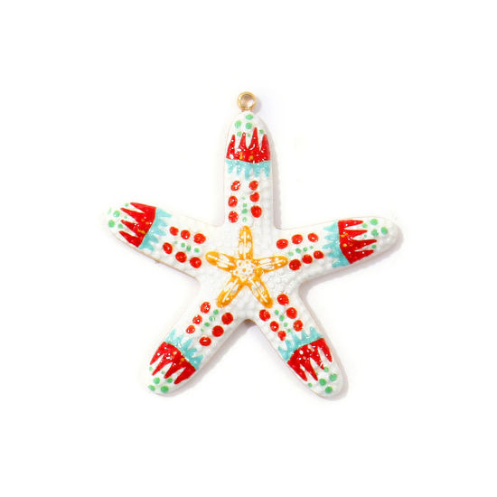 Immagine di 2 Pz PVD Ecologica Impermeabile Anti-Ossidante Ipoallergenico 304 Acciaio Inossidabile Gioielli Oceanici Ciondoli Pendenti All'Ingrosso 18K Vero Oro Placcato Rosso Stella di Mare Pittura 3.7cm x 3.5cm