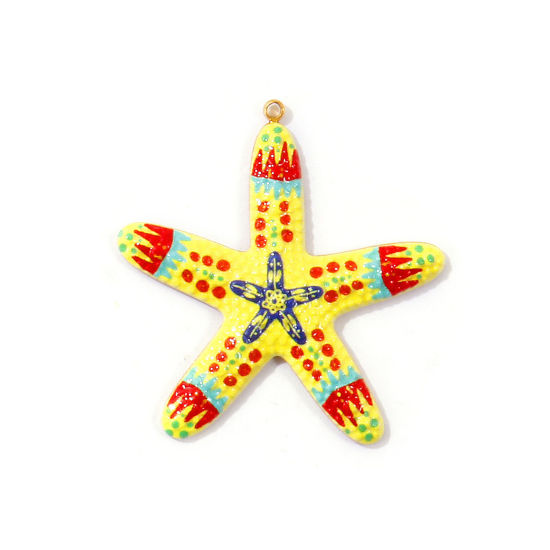 Immagine di 2 Pz PVD Ecologica Impermeabile Anti-Ossidante Ipoallergenico 304 Acciaio Inossidabile Gioielli Oceanici Ciondoli Pendenti All'Ingrosso 18K Vero Oro Placcato Giallo Stella di Mare Pittura 3.7cm x 3.5cm